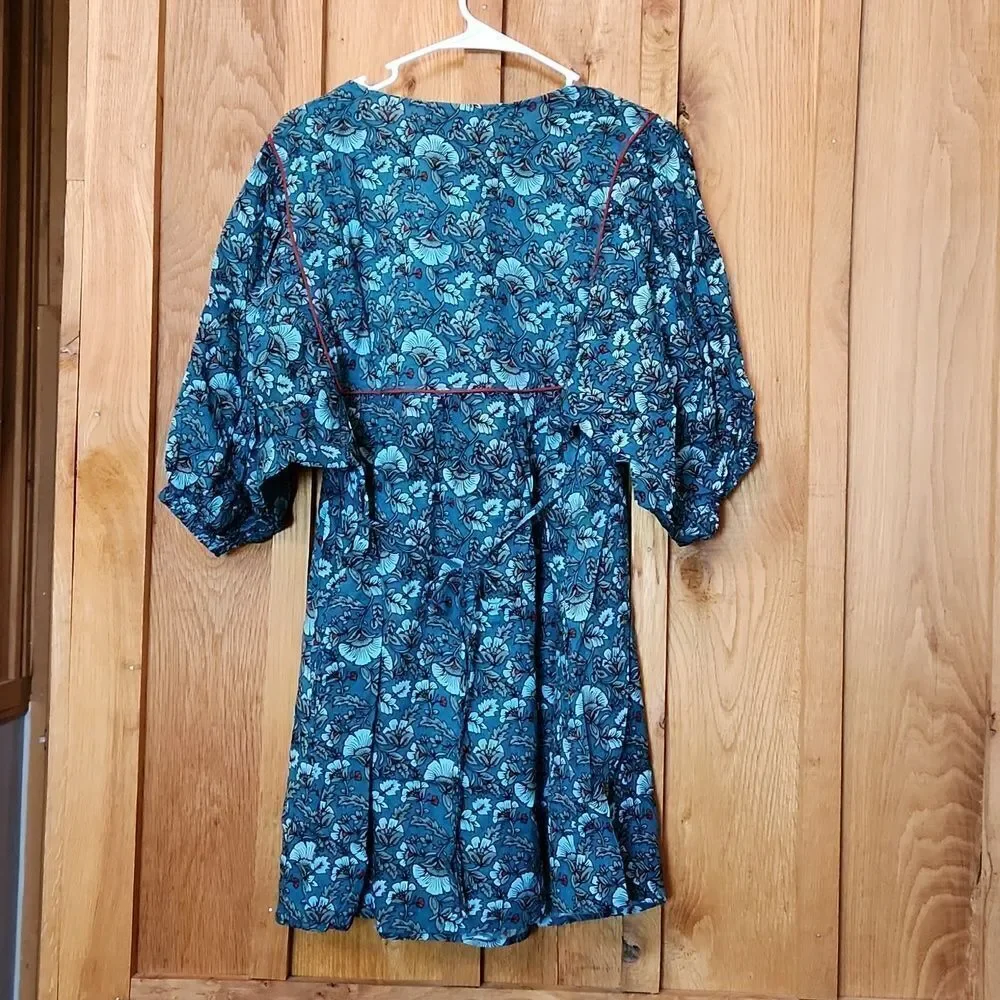 BOG Bohemian Floral Sheath V-Neck 1/2 Sleeve Mini Dress, Small, Teal & White